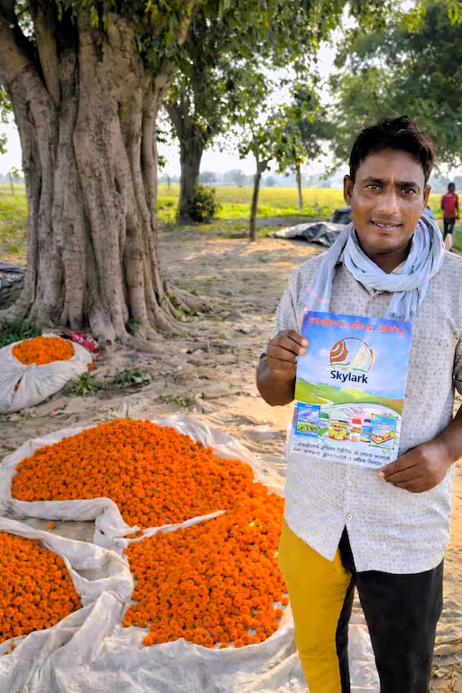 Happy farmer showing marigold yield